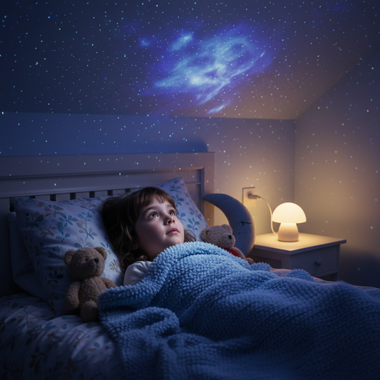 Enfant émerveillé par les étoiles projetées dans sa chambre par la lampe nocturne USB